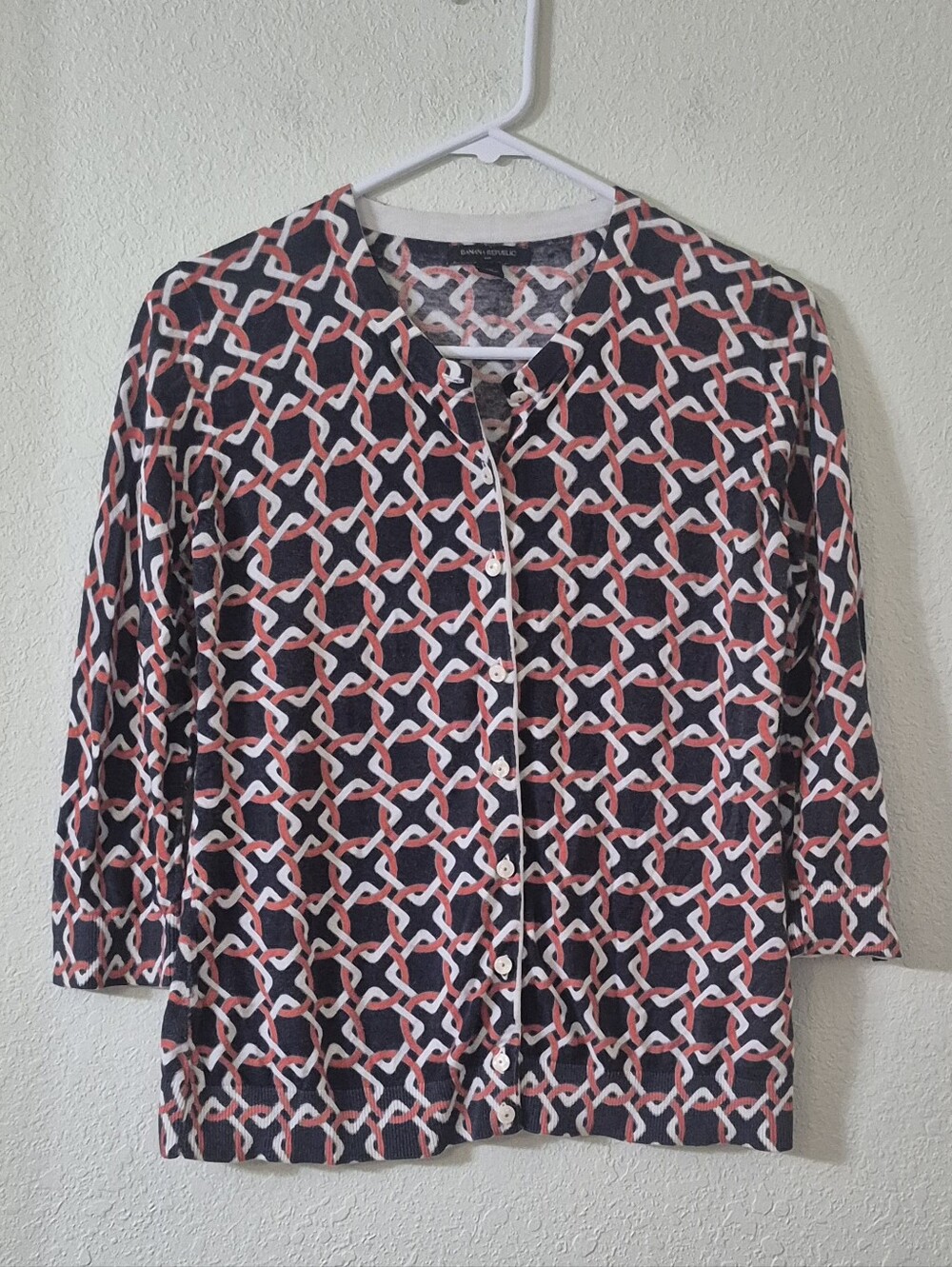 Banana Republic Navy, Coral & White Geometric Button Cardigan